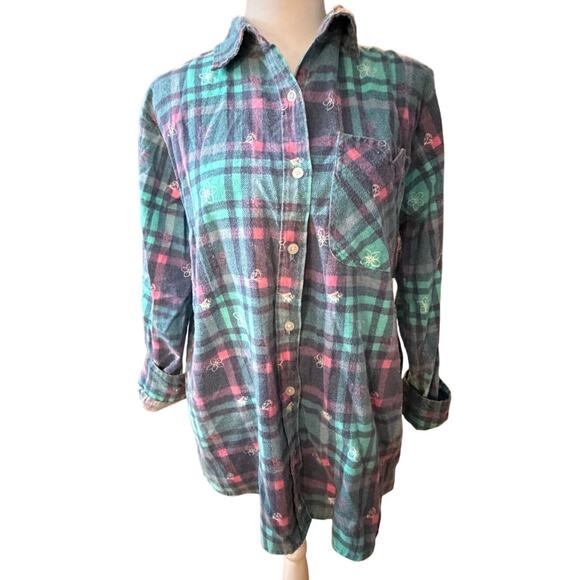 American Vintage Tops - Vintage Teal Pink Plaid Flannel w Flower Print Long Sleeve‎ Button Up Shirt M/L